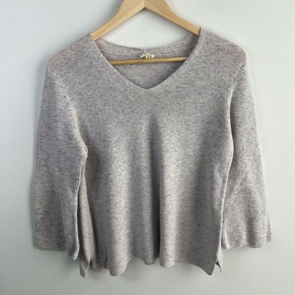 Eileen Fisher Small Sweater Organic Cotton Gray Heather V-Neck Bell Sleeve Top